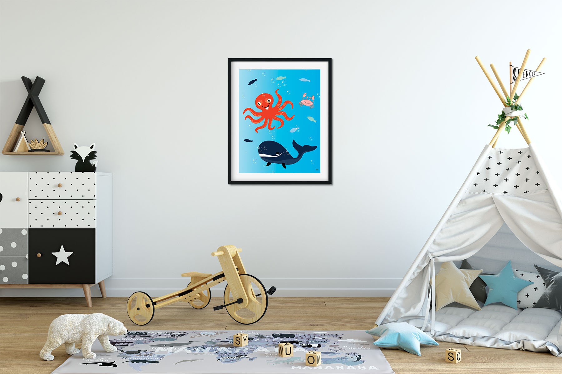 Under the Sea Print, Bathroom Wall Decor, Octopus Art, Ocean Nursery