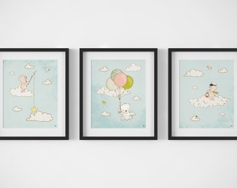 Teddy Bear Art Print, Nursery Wall Art, Set of 3 Prints, New Baby Gift
