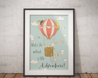 Hot Air Balloon Print, Hot Air Balloon Nursery, Animal Illustration, Adventure Nursery Print, Baby Shower Gift