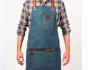 Customizable water-repellent canvas and leather apron N547, Customizable DIY apron, Crossed straps in the back