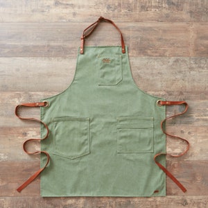 Tablier de Cuisine en toile vintage et cuir multipoches ALASKAN MAKER N 325 Liens à nouer, Taille universelle pour hommes et femmes Vert Menthe