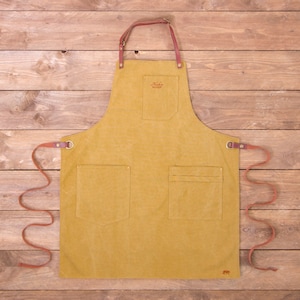 Tablier de Cuisine en toile vintage et cuir multipoches ALASKAN MAKER N 325 Liens à nouer, Taille universelle pour hommes et femmes Moutarde