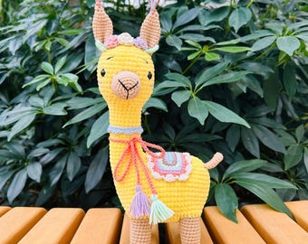 Gele gehaakte lama-speelgoed – Handgemaakt knuffeldier – Gebreide lama-pop voor kinderen – Zacht pluchen cadeau – Milieuvriendelijk amigurumi-speelgoed