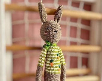 Handmade Crochet Velour Bunny Toy Knitted Rabbit Doll Gift for Kids and Babies Plush Animal Toy Eco-Friendly Stuffed Bunny Amigurumi Rabbit