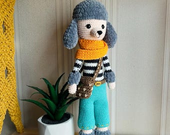 Handgemaakt gehaakt grijs en wit poedel speeltje – Zacht gebreide pluchen hond – Schattig amigurumi puppy cadeau voor kinderen en baby's – Milieuvriendelijk gevuld