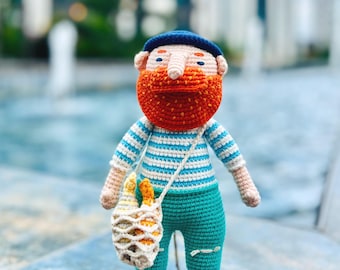 Gehaakte visserspop, handgemaakte vissersknuffel, amigurumi visserscadeau, gebreide knuffel voor kinderen, vissersdecoratie, knuffelvisser