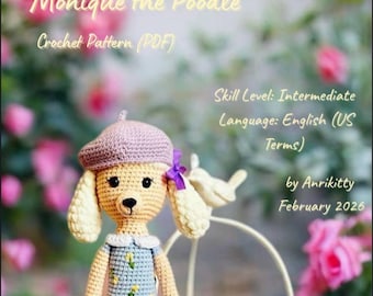 Haakpatroon voor een poedel (PDF) – Amigurumi hondenpop met baret en mandje – 21 pagina's tellende Engelstalige handleiding