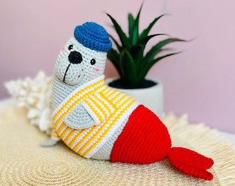 Handgemaakte gehaakte zeehondenknuffel Larry de zeehond Gebreide zeehondenpop Cadeau voor kinderen en baby's Pluchen dierenknuffel Milieuvriendelijk gevulde zeehonden amigurumi-speelgoed