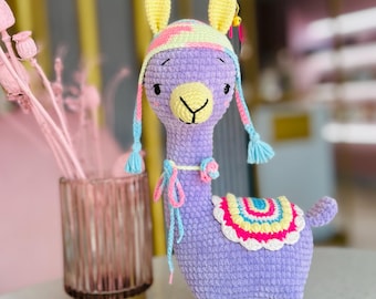 Paarse gehaakte lama-speelgoed – Handgemaakt knuffeldier – Gebreide lama-pop voor kinderen – Zacht pluchen cadeau – Milieuvriendelijk amigurumi-speelgoed