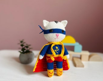 Handcrafted super hero cat for joyful antics and whimsical fun! This hero cat is perfect for imaginative play and cuddling fun and best gift