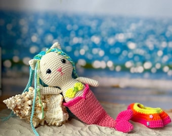Handgemaakte gehaakte zeemeerminkattenspeeltje, gebreide kat-zeemeerminpop, cadeau voor kinderen en baby's, pluchen dierenspeeltje, milieuvriendelijke knuffelkat, amigurumi kat