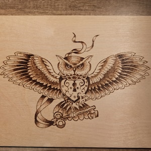 Hand-burned Owl. Wood burning, Pyrography
