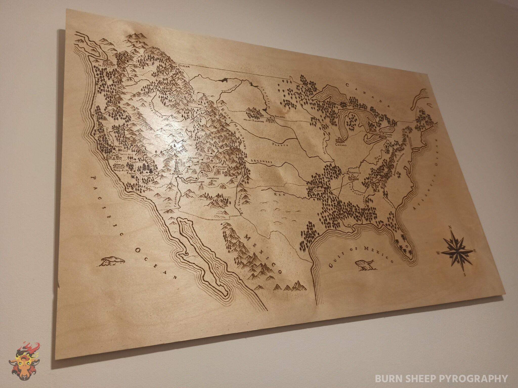 Hand-burned Fantasy Map of the USA. Wood Burning, Pyrography - Etsy