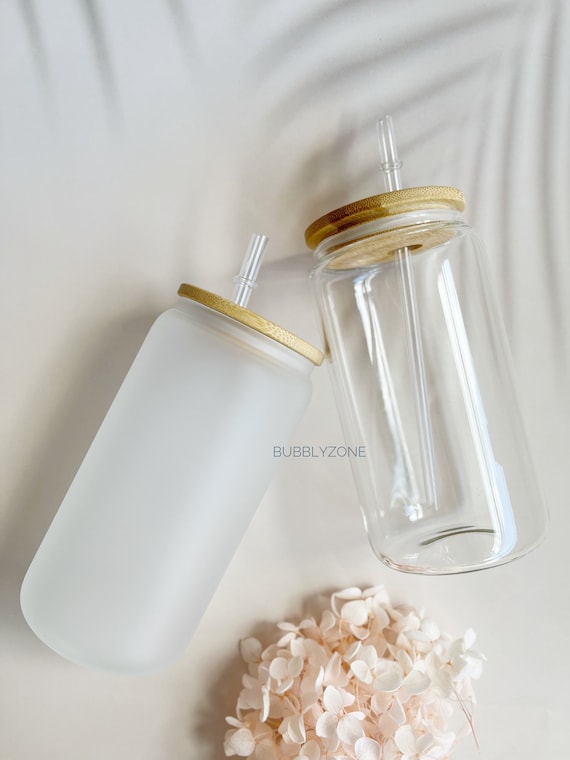 16oz Libbey Glass Can: Clear or Frosted, Bamboo Lid