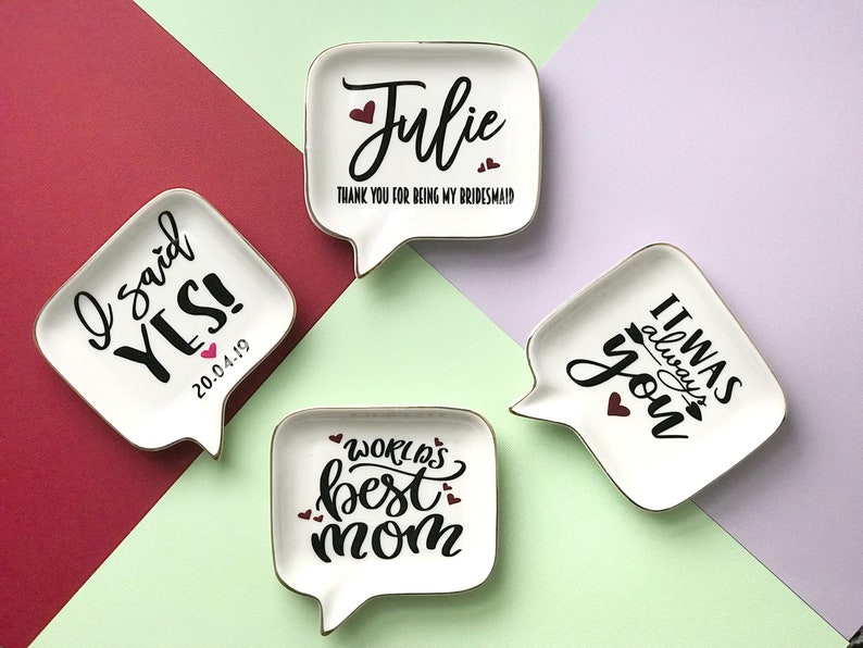 Personalised Ceramic Speech Bubble Shaped Ring Trinket Dish with Gold Rim Jewellery Dish Bridesmaids Gifts Gifts for Her Gifts for Moms