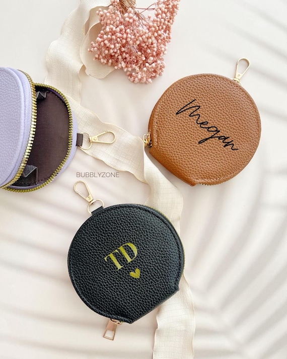 Personalized Round PU Leather Coin Purse Keychain With Gold Zipper
