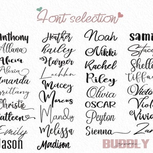 K&ouml;nnte beinhalten: Eine Liste von Namen, die in verschiedenen kursiven Schriftarten geschrieben sind. Die Namen umfassen Anthony, Allana, Alicia, Alexia, Amanda, Brittany, Christie, Catteen, Emily, Jason, Heather, Hailey, Harper, Lachlan, Macey, Marcus, Mandy, Melissa, Madison, Noah, Nikki, Rachel, Riley, Olivia, Oscar, Peyton, Sienna, samie, Stacey, Shelley, Tiffany, Victoria, Violet, Vivian, Zara und BUBBLY.
