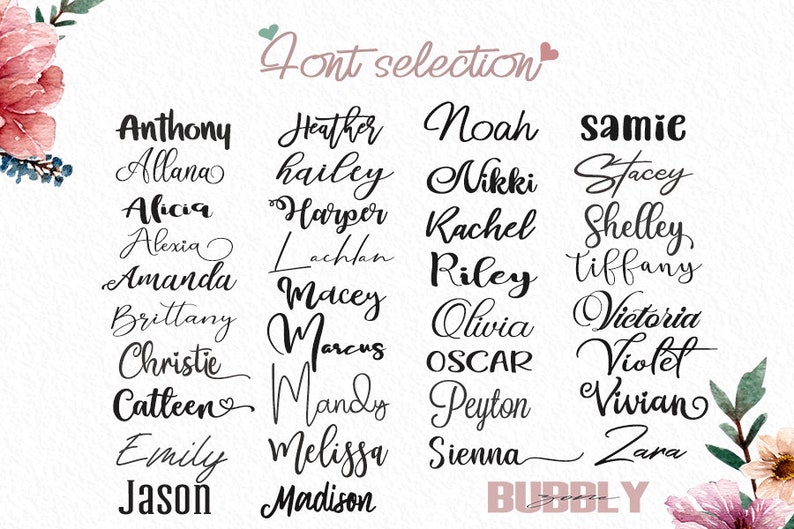 K&ouml;nnte beinhalten: Eine Liste von Namen, die in verschiedenen kursiven Schriftarten geschrieben sind. Die Namen umfassen Anthony, Allana, Alicia, Alexia, Amanda, Brittany, Christie, Catteen, Emily, Jason, Heather, Hailey, Harper, Lachlan, Macey, Marcus, Mandy, Melissa, Madison, Noah, Nikki, Rachel, Riley, Olivia, Oscar, Peyton, Sienna, samie, Stacey, Shelley, Tiffany, Victoria, Violet, Vivian, Zara und BUBBLY.