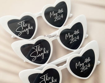 Personalised Wedding heart-shaped Sunglasses/ Bride and Grooms Sunglasses/ Bachelorettes, Hens Night Costume/ White sunglasses Bridesmaids/