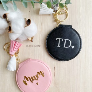 Personalised Pocket Mirror Pendant Tassel Keychain/ Round Mirror PU leather Keyring/ Bag Tag/ Gifts for Her/ Mothers Day Gifts