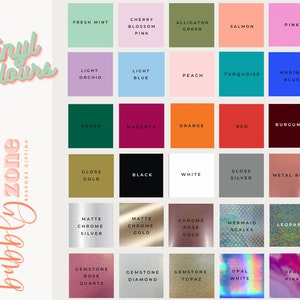 K&ouml;nnte beinhalten: Eine Tabelle mit Vinylfarben mit Namen f&uuml;r jede Farbe. Die Farben umfassen Frischminze, Kirschbl&uuml;tenrosa, Alligatorgr&uuml;n, Lachs, Rosa, Hellorchidee, Hellblau, Pfirsich, T&uuml;rkis, Marineblau, Gr&uuml;n, Magenta, Orange, Rot, Burgunderrot, Glanzgold, Schwarz, Wei&szlig;, Glanzsilber, Metallrosa, Mattes Chromsilber, Mattes Chromgold, Chromros&eacute;gold, Meerjungfrauen-Schuppen, Leopard, Edelstein-Rosenquarz, Edelstein-Diamant, Edelstein-Topas, Opalwei&szlig;, Opalrosa.