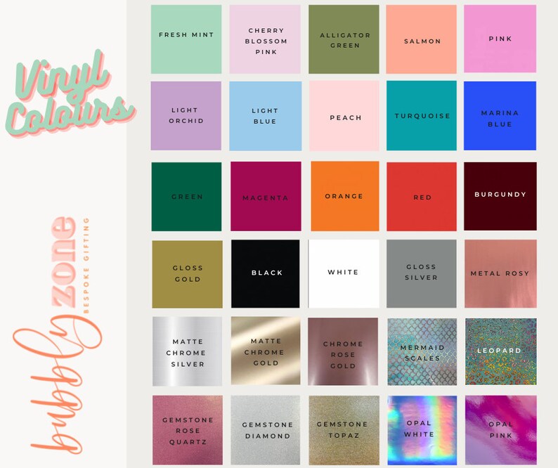 K&ouml;nnte beinhalten: Eine Tabelle mit Vinylfarben mit Namen f&uuml;r jede Farbe. Die Farben umfassen Frischminze, Kirschbl&uuml;tenrosa, Alligatorgr&uuml;n, Lachs, Rosa, Hellorchidee, Hellblau, Pfirsich, T&uuml;rkis, Marineblau, Gr&uuml;n, Magenta, Orange, Rot, Burgunderrot, Glanzgold, Schwarz, Wei&szlig;, Glanzsilber, Metallrosa, Mattes Chromsilber, Mattes Chromgold, Chromros&eacute;gold, Meerjungfrauen-Schuppen, Leopard, Edelstein-Rosenquarz, Edelstein-Diamant, Edelstein-Topas, Opalwei&szlig;, Opalrosa.
