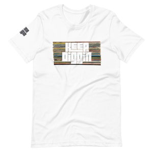 May include: White t-shirt with a stack of vinyl records that spell out "Keep Diggin'" in white text.