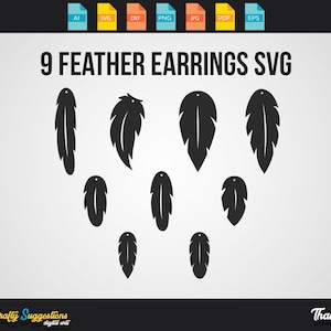 9 Feather Earrings, svg dxf eps earrings, cut file cricut cutting file vector file printable silhouette, instant digital download