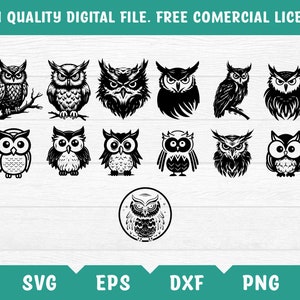 May include: A set of 17 black and white owl illustrations. The owls are in various poses, some with their wings spread, some with their eyes closed, and some with their beaks open. The illustrations are perfect for use in crafting projects, scrapbooking, or digital design.