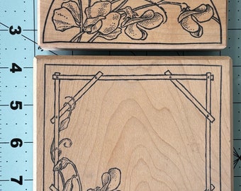 FLOWER CARD 2 STAMP Set  - Vintage 1990’s  Wood Mounted Rubber Stamp Set