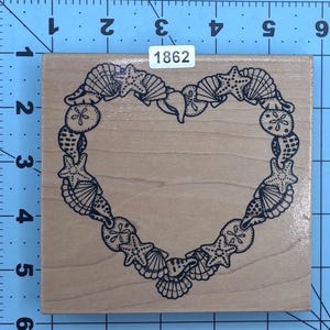 Heart Shell Wreath Vintage Wood Mounted Rubber Stamp Large