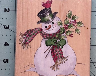 Christmas Snowman Large Vintage Wood Mounted Rubber Stamp