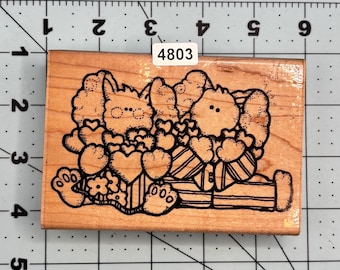 Rabbits Bunny Hearts Love Stamp Vintage Wood Mounted Rubber Stamp