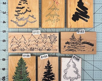 Pine Evergreen Christmas Trees Wood Mounted Rubber Stamps Used