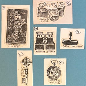 May include: A set of nine vintage black and white illustrations on white paper. The illustrations are of a camera, binoculars, a key, a pocket watch, a book, a roller, and the words "Primary Source" and "Above the Mark".