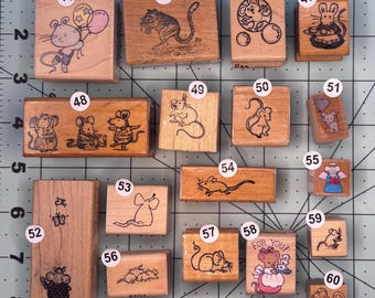 Mice Mouse small Wood Mounted Rubber Stamps Vintage