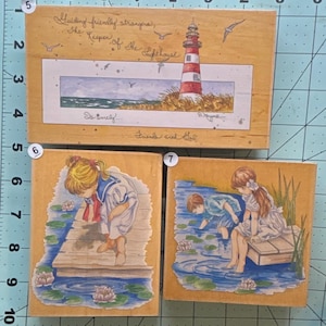 Sea Life Lighthouse Kids at beach Vintage 1990’s Wood Mounted Rubber Stamps