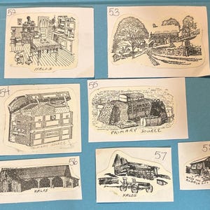 May include: A collection of black and white pen and ink drawings on paper. The drawings depict various scenes, including a kitchen, a house with a tree, a trunk, luggage, a barn, a building with a wagon, and a small house. The text "HALOS" and "PRIMARY SOURCE" are included.