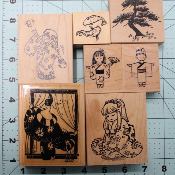 People -Japanese  Friends Tree and Koi Fish- Wood mounted Rubber Stamps Vintage