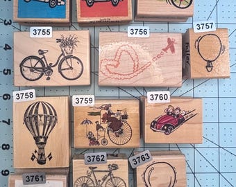 Transportation Cars Trucks Hot Air Balloon Bicycles Airplane Wood Mounted Rubber Stamps Vintage previously owned