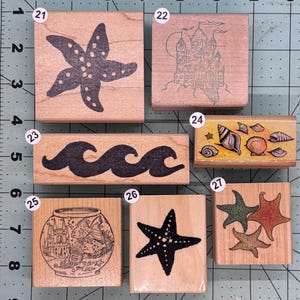 Sea Shells sandcastle starfish waves fish bowl  Small Wood Mounted Rubber Stamps Vintage