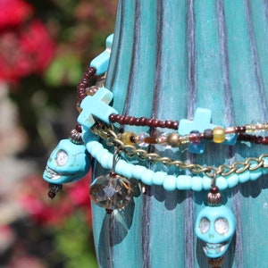 Turquoise Skull, Rhinestone Cross and Bronze Key - Set- Sweater Necklace, earrings & bracelet