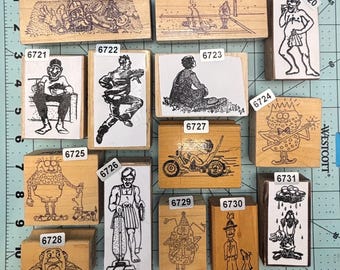 People men wood mounted Rubber Stamps Vintage previously owned