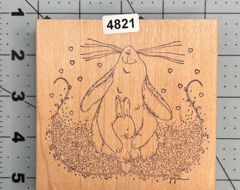 Rabbits Bunny Stamp Vintage Wood Mounted Rubber Stamp