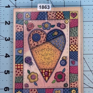 Hearts Friendship patchwork quilt Wood Mounted Rubber Stamp Vintage