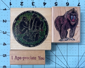 Primates - Ape / Gorilla / Mandrill - Vintage 1990’s Wood Mounted Rubber Stamps