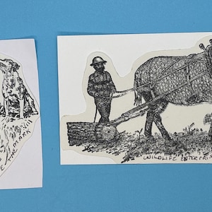 May include: Two black and white illustrations on white paper. The first illustration shows a person with a dog, holding a can labeled "Bait". The second illustration shows a person plowing a field with a horse. The text "Above The Mark" is below the first illustration. The text "Wildlife Enterprises" is below the second illustration.