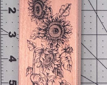 Flowers Sunflowers Vintage Wood Mounted Rubber Stamp