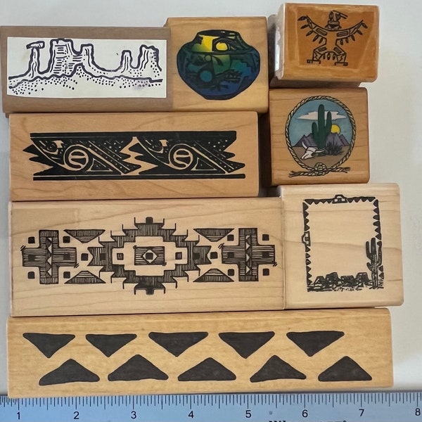 Tribal border / Cactus / Aztec bird  - Wood Mounted Rubber Stamps