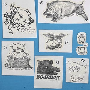 May include: A set of ten vintage pig stickers. The stickers feature various pig designs, including a pig with wings, a pig in a bathtub, and a pig with a flower. The stickers are black and white and have a vintage look.